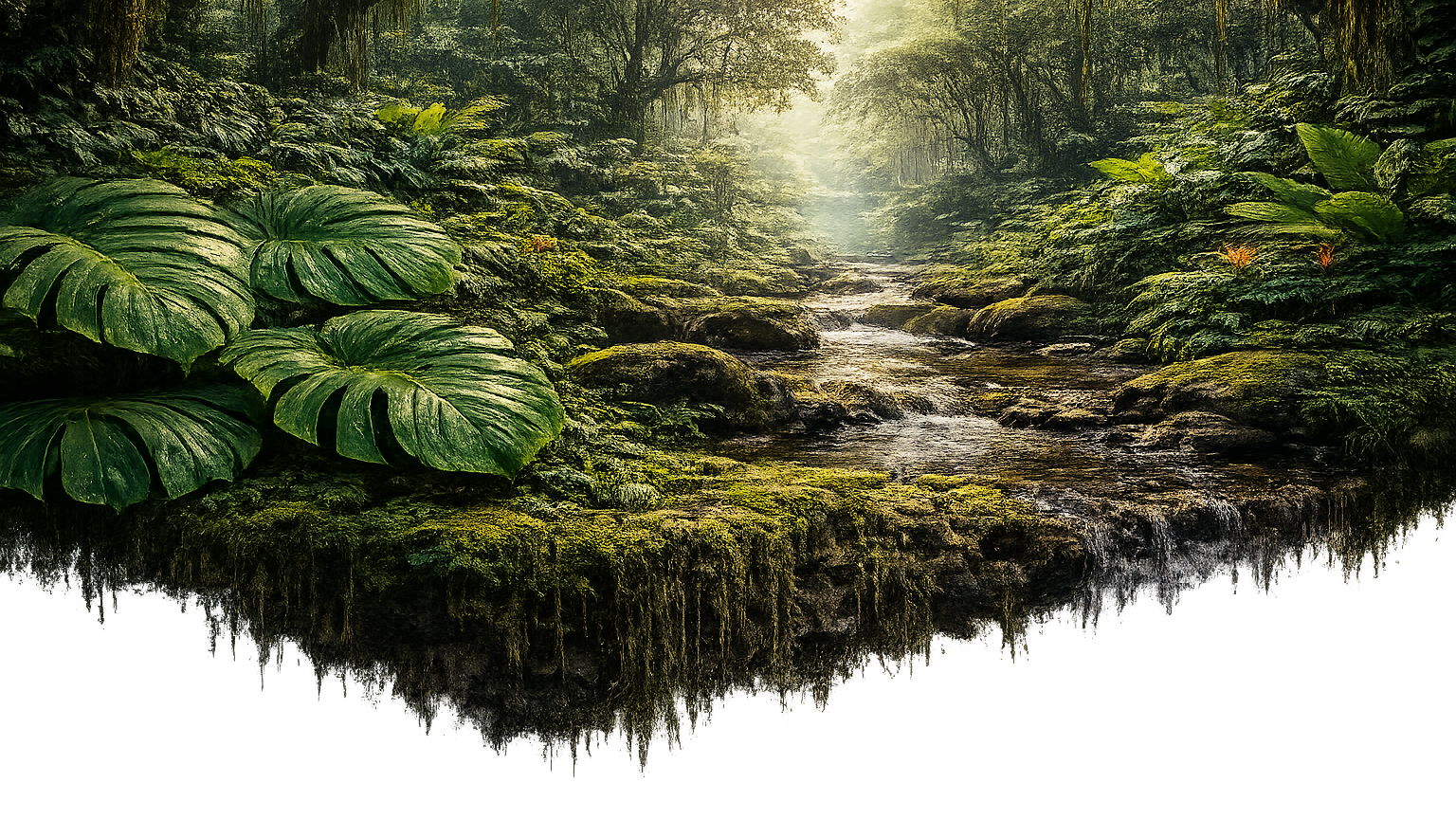 Misty forest with a stream flowing through lush greenery